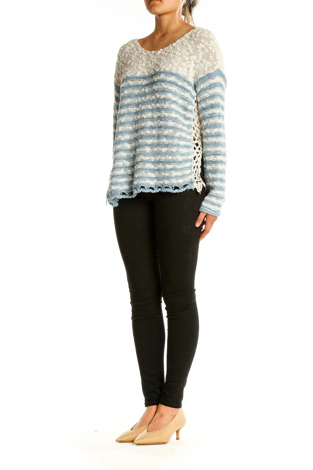 Blue and White Striped Knit Sweater