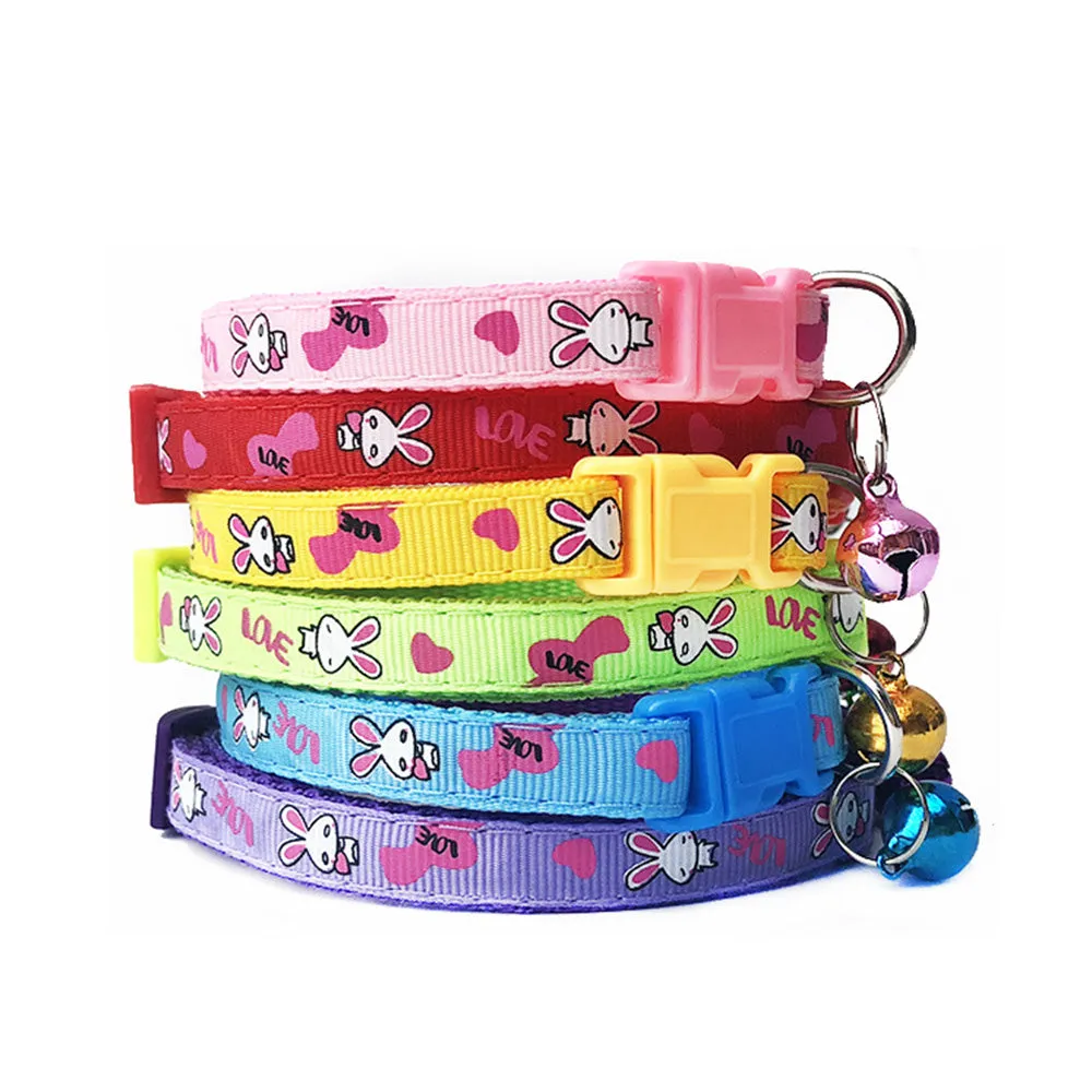 Cute Rabbit Printing Pets Collars 1PC with Bells  Adjustable Dog Collars Necklace Collar Lovely Polyester Puppy High Quality Pet Supplies