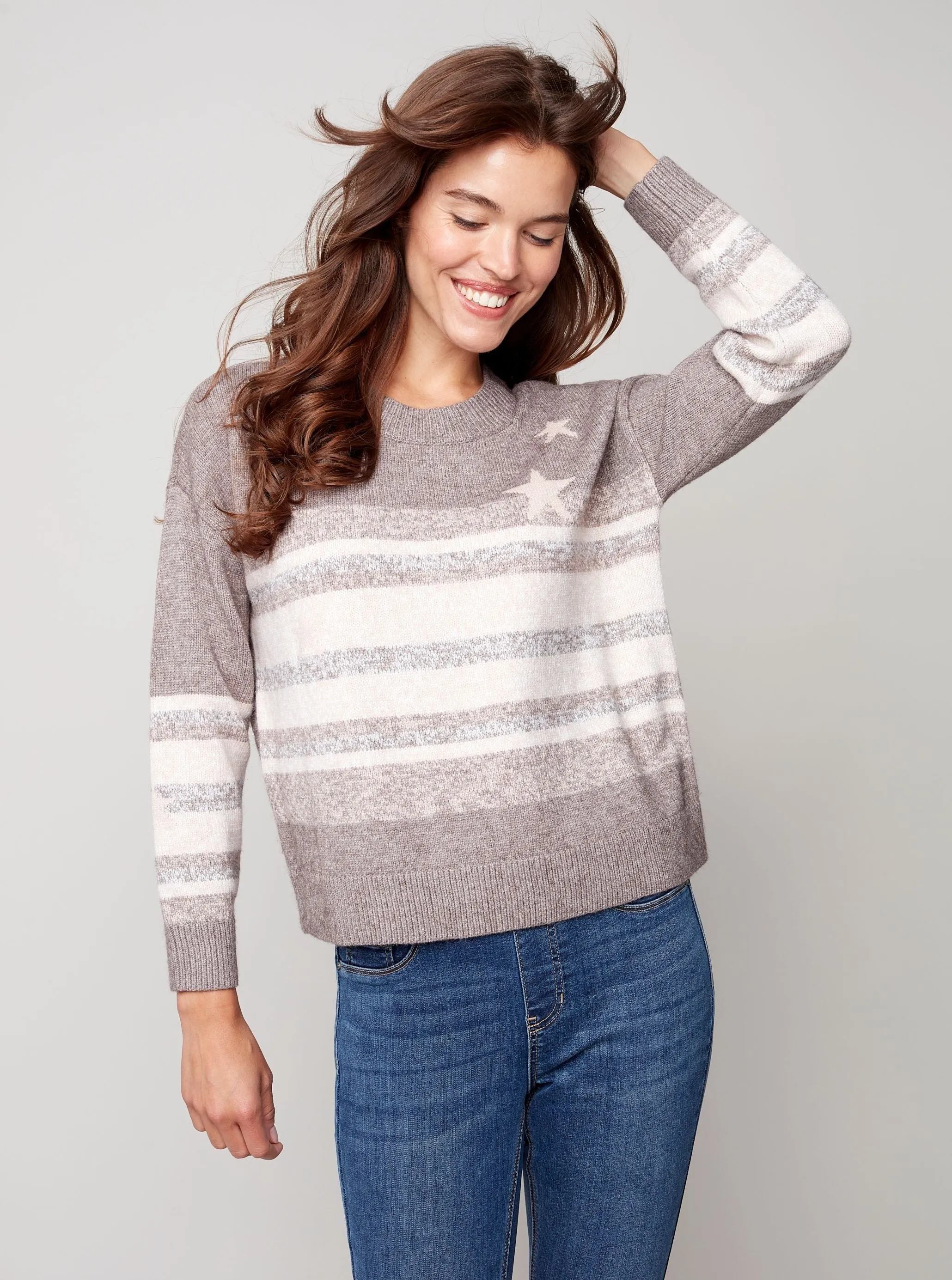 Drop Shoulder Crew Neck Sweater Heather and Stars Design [Shell-C2446]