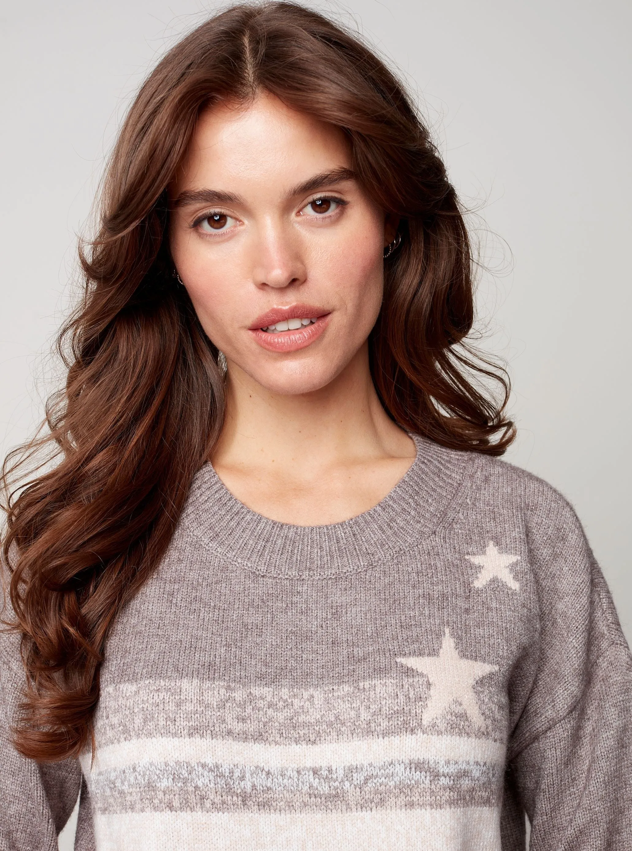 Drop Shoulder Crew Neck Sweater Heather and Stars Design [Shell-C2446]