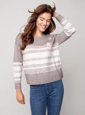 Drop Shoulder Crew Neck Sweater Heather and Stars Design [Shell-C2446]