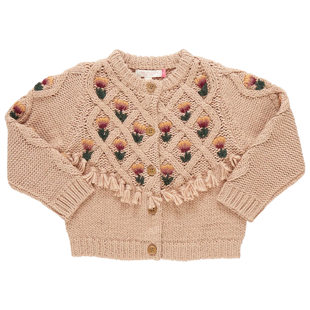 Girls Tari Tassel Sweater - Brown Floral Embroidery