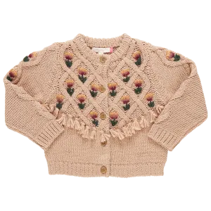 Girls Tari Tassel Sweater - Brown Floral Embroidery