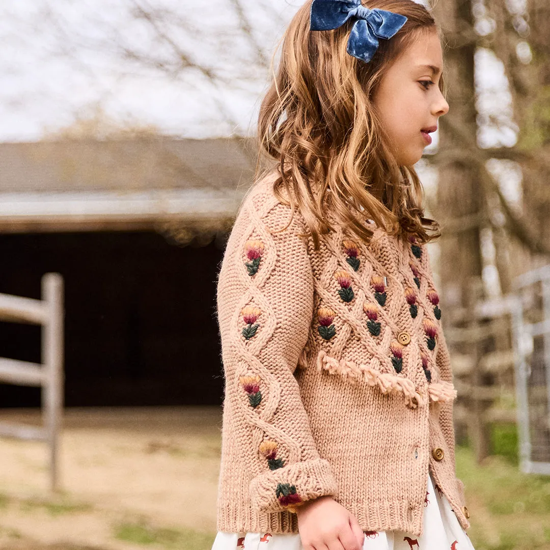 Girls Tari Tassel Sweater - Brown Floral Embroidery