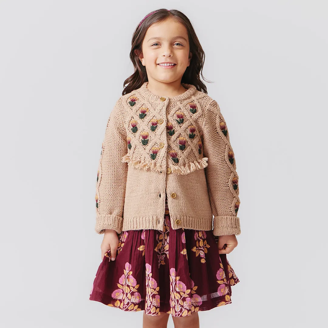 Girls Tari Tassel Sweater - Brown Floral Embroidery