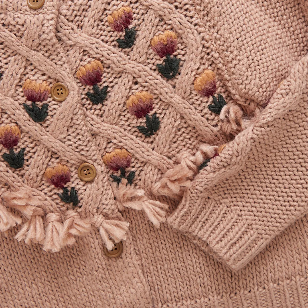 Girls Tari Tassel Sweater - Brown Floral Embroidery