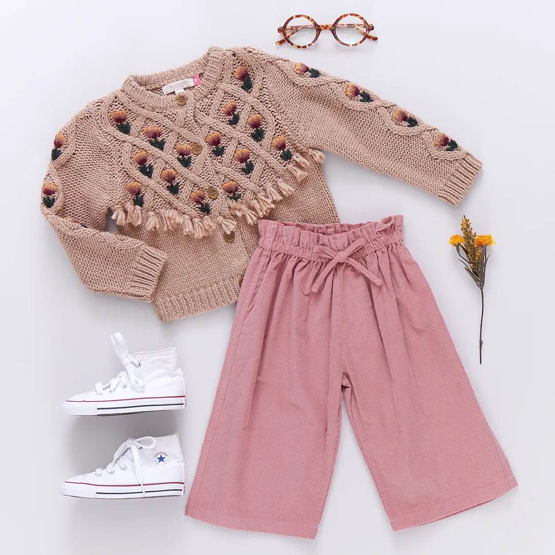 Girls Tari Tassel Sweater - Brown Floral Embroidery