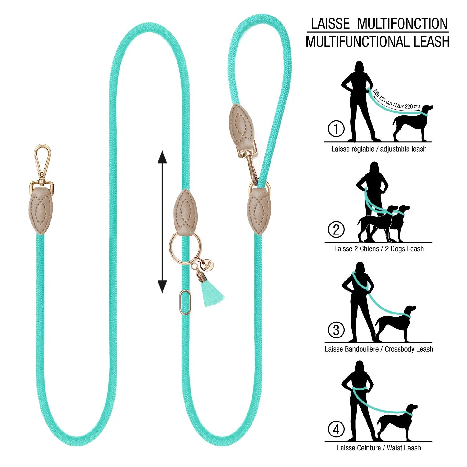 kaya adjustable shoulder leash - turquoise (7 ft)