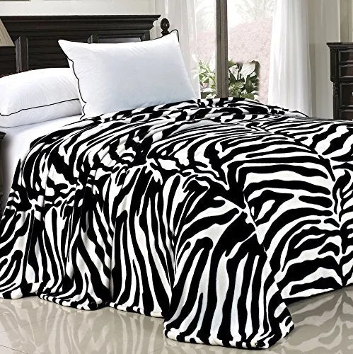 Light Weight Animal Safari Style Black White Zebra Printed Flannel Fleece Blanket (Queen)
