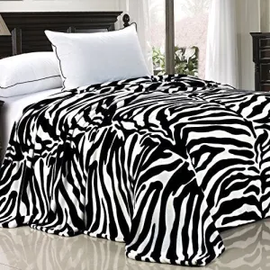 Light Weight Animal Safari Style Black White Zebra Printed Flannel Fleece Blanket (Queen)