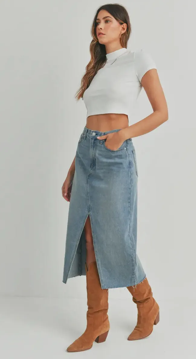 Long High Waist Slit Hem Jean Skirt