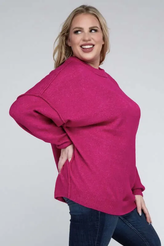 Plus Oversized Round Neck Raw Seam Melange Sweater