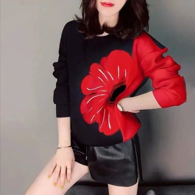 Two-Colored Sweater With Flower Pattern