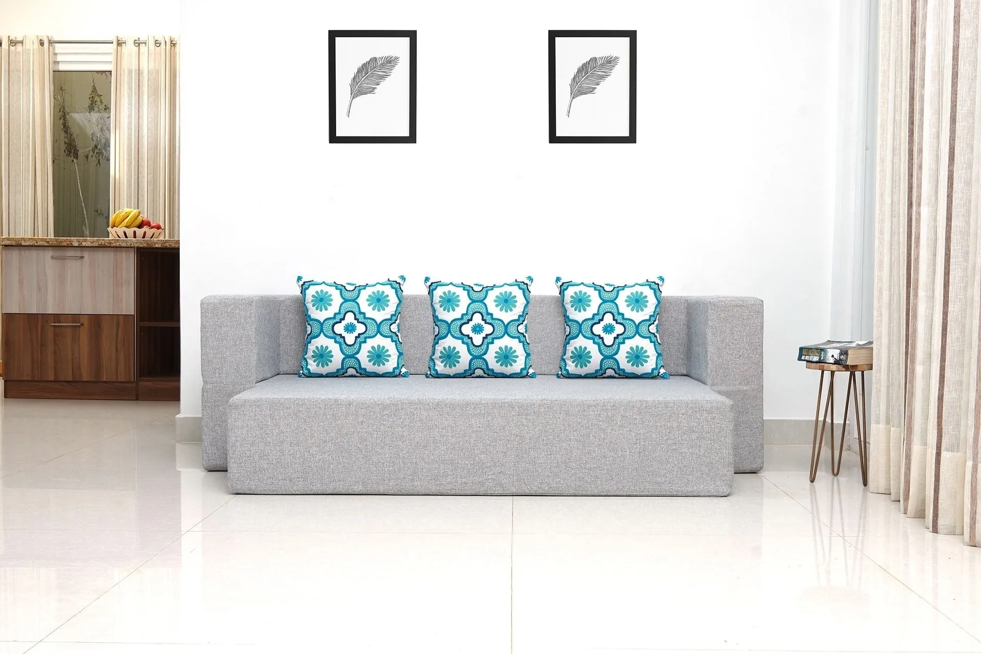 Uberlyfe New Age Folding Sofa Bed, Silver | 3 Seater | 3 Cushions- Blue Quartet Pattern