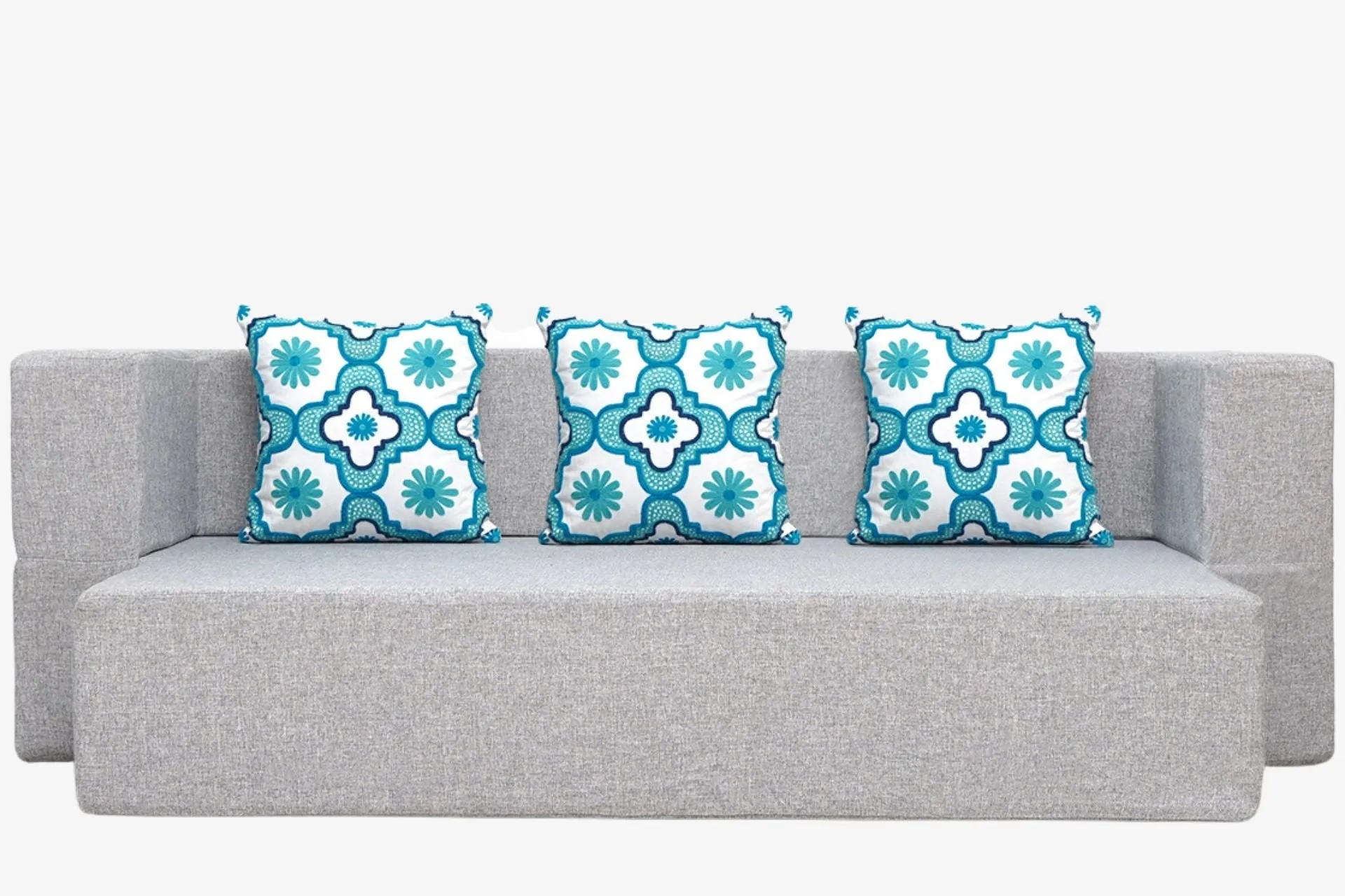 Uberlyfe New Age Folding Sofa Bed, Silver | 3 Seater | 3 Cushions- Blue Quartet Pattern