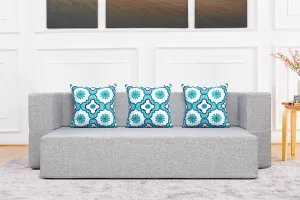 Uberlyfe New Age Folding Sofa Bed, Silver | 3 Seater | 3 Cushions- Blue Quartet Pattern