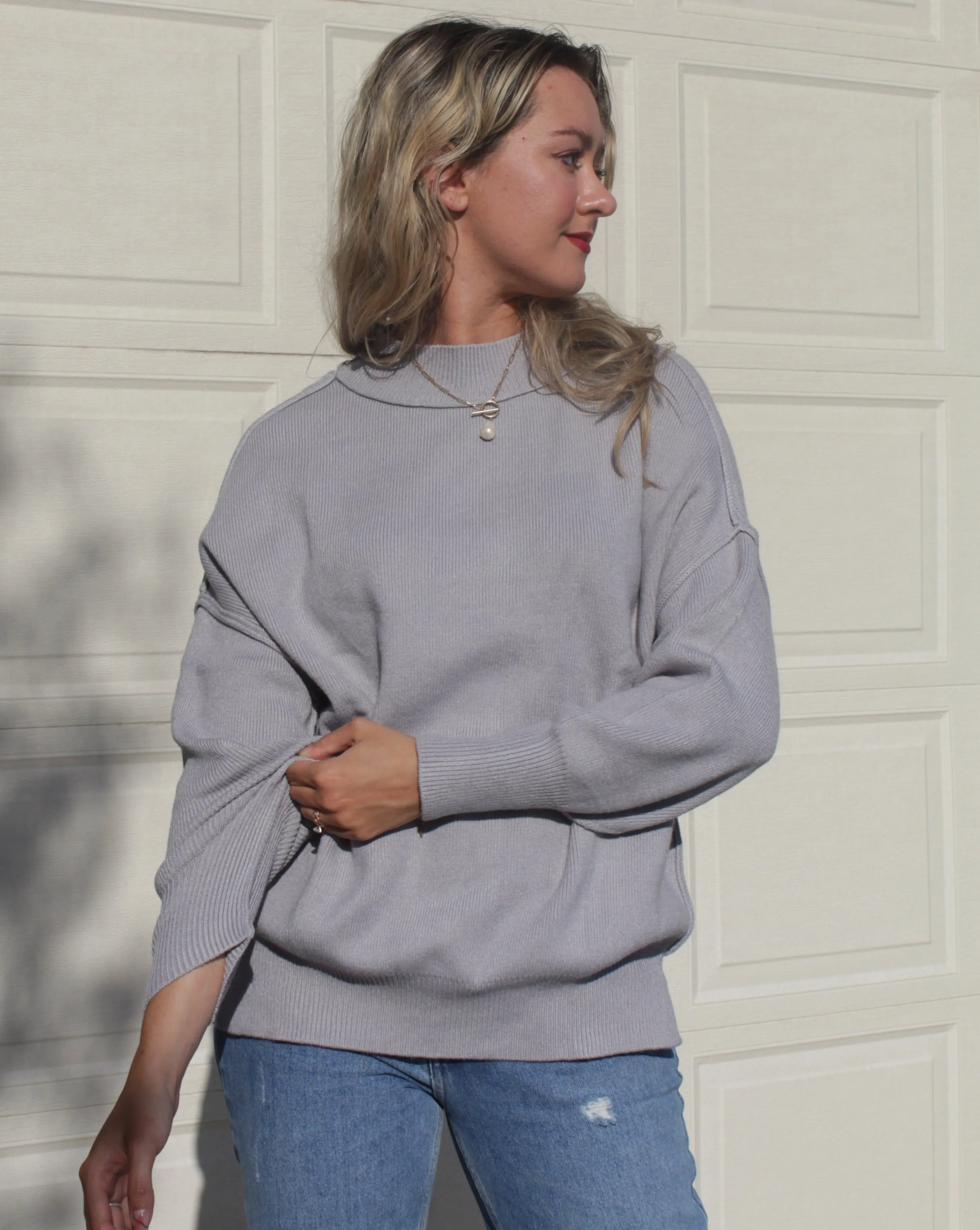 ZESICA Crew Neck Side Slit Oversized Ribbed Knit Sweater