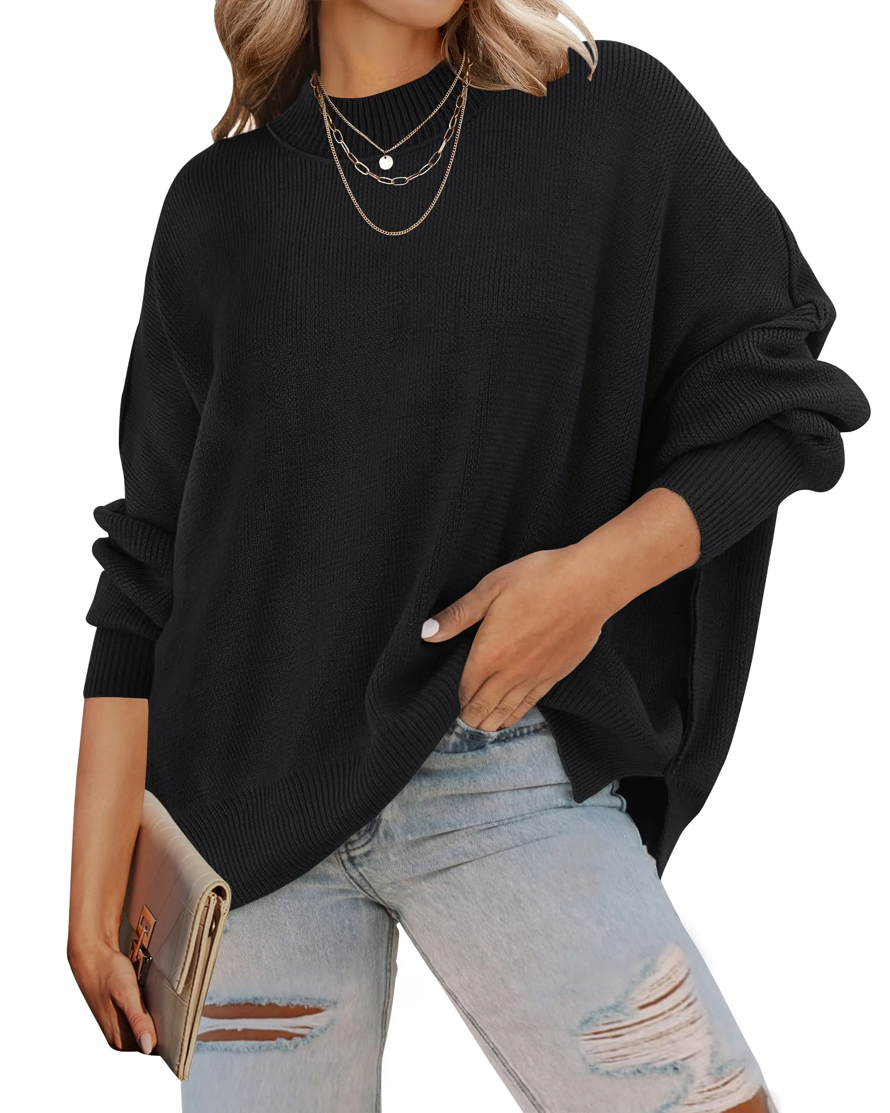 ZESICA Crew Neck Side Slit Oversized Ribbed Knit Sweater