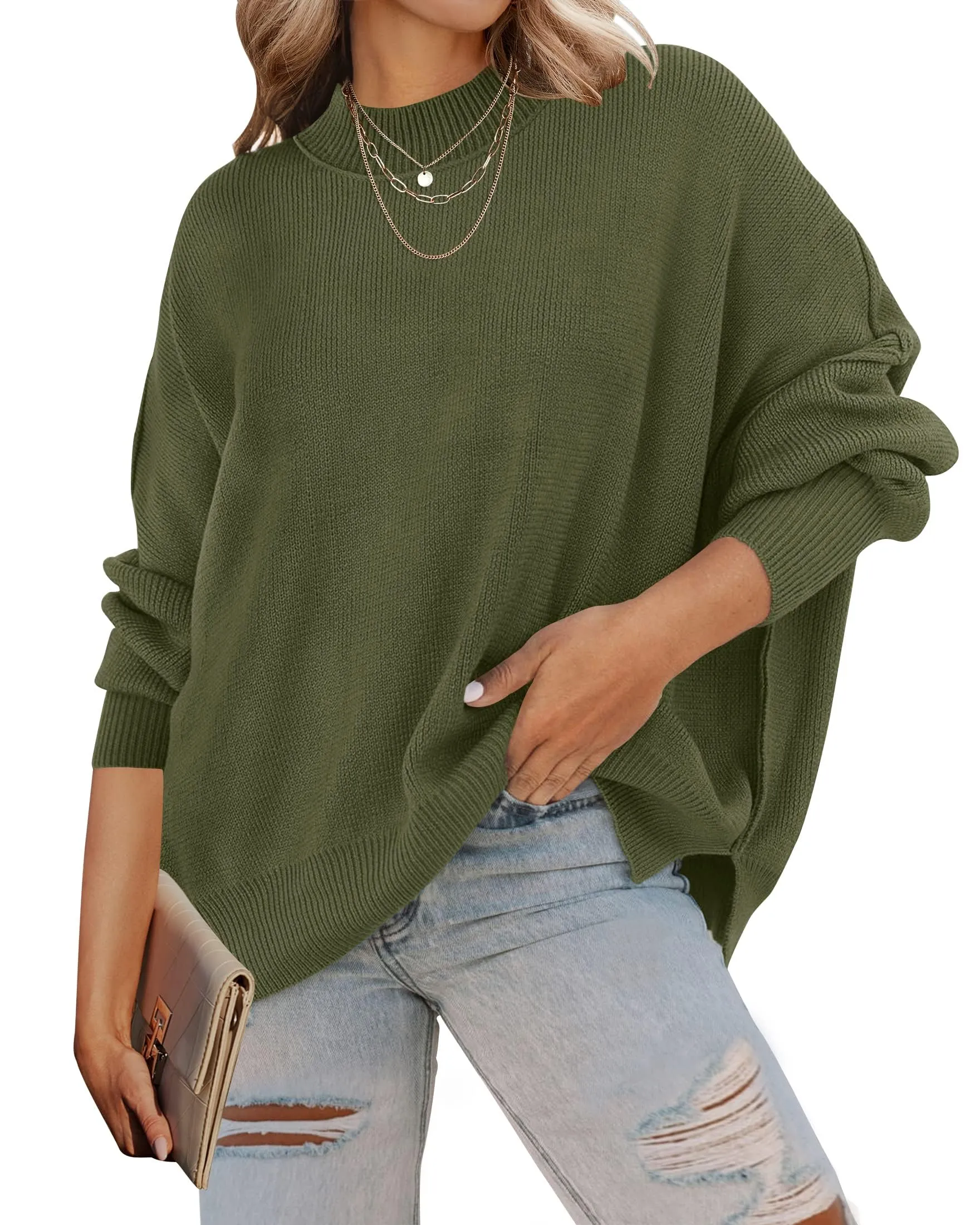 ZESICA Crew Neck Side Slit Oversized Ribbed Knit Sweater