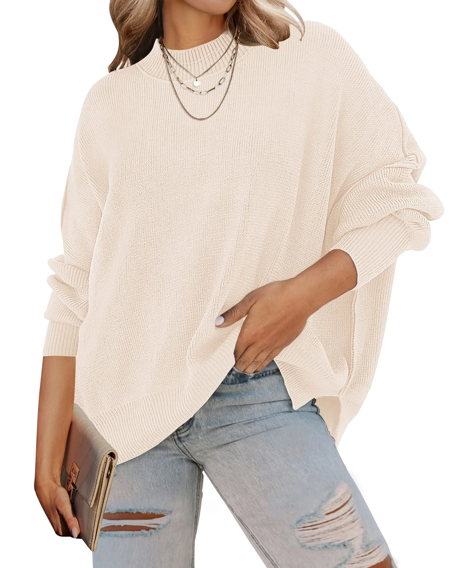 ZESICA Crew Neck Side Slit Oversized Ribbed Knit Sweater