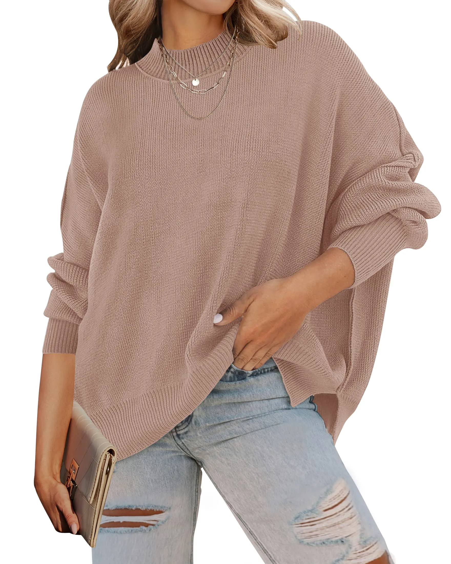ZESICA Crew Neck Side Slit Oversized Ribbed Knit Sweater