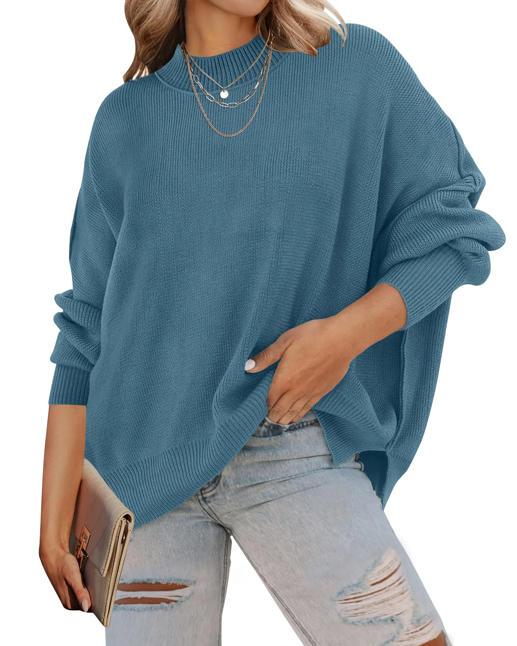 ZESICA Crew Neck Side Slit Oversized Ribbed Knit Sweater