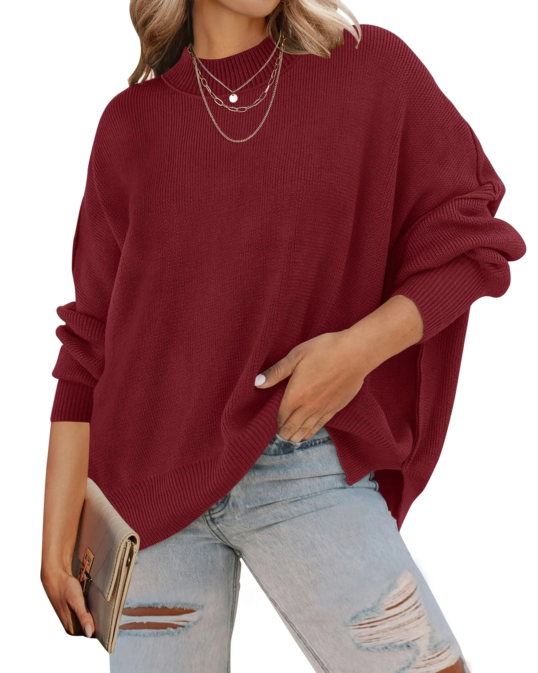 ZESICA Crew Neck Side Slit Oversized Ribbed Knit Sweater