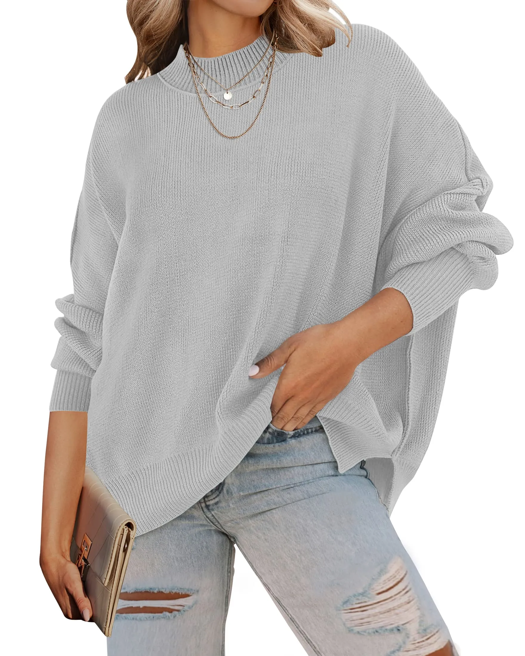 ZESICA Crew Neck Side Slit Oversized Ribbed Knit Sweater